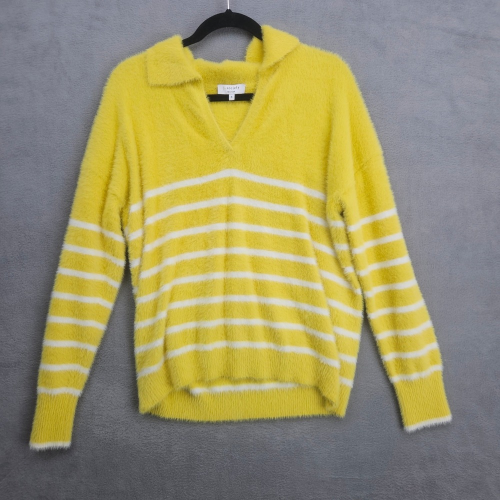 J. Society New York Yellow White Striped Fuzzy Knit Polo Sweater Small